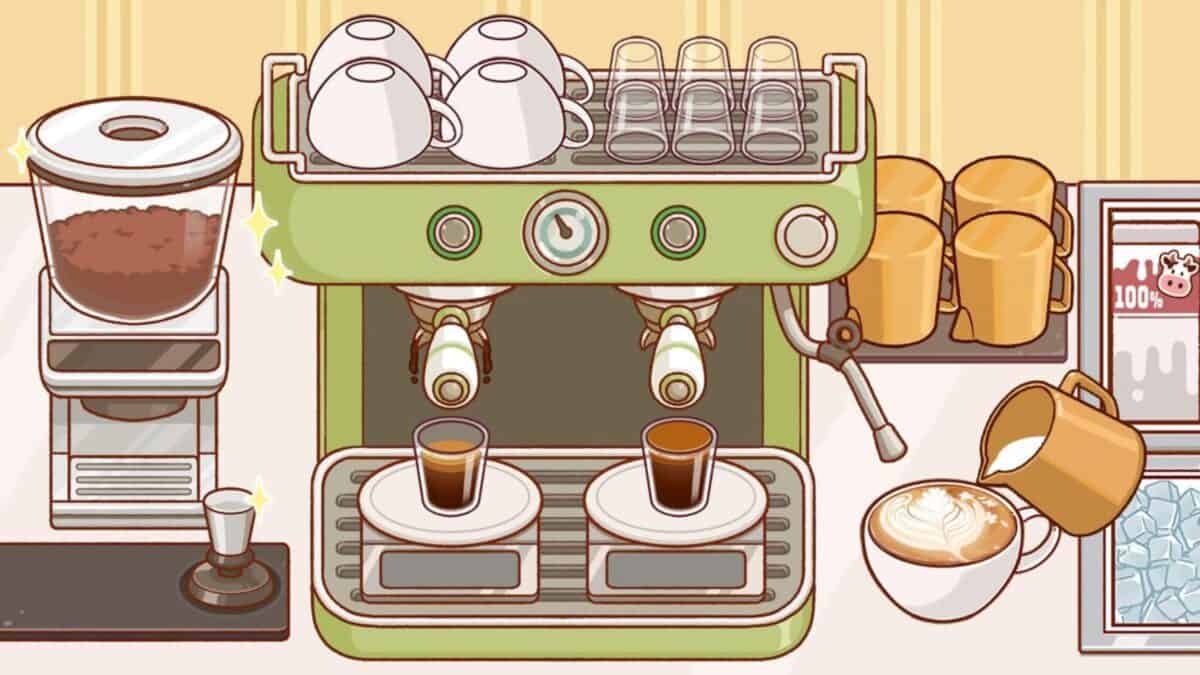 Illustration of a coffee station with an espresso machine, cups on top, two espresso shots, a milk frother, a grinder, and a cup of latte with latte art.