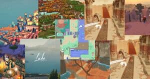 A collage of various video game screenshots showing colorful townscapes, outdoor nature scenes, and animated game characters in different environments.