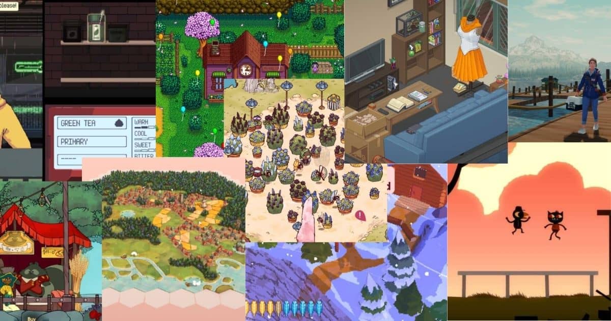 A collage of various cozy video game scenes, featuring pixel art houses, characters, nature landscapes, indoor settings, and colorful environments.