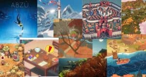 A collage of various video game scenes, including underwater exploration, mountain climbing, a medieval city, farm landscapes, a slingshot, and a boat on a river.