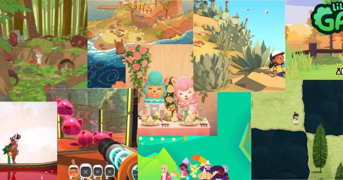 A collage of colorful video game scenes featuring characters, animals, nature, and whimsical environments from various indie games.