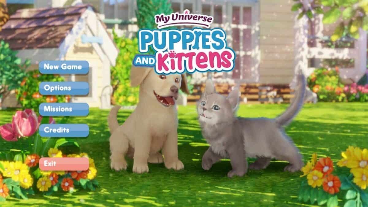 Main menu screen of a video game titled "My Universe: Puppies and Kittens," featuring a cartoon dog and cat in a colorful garden with menu options on the left.