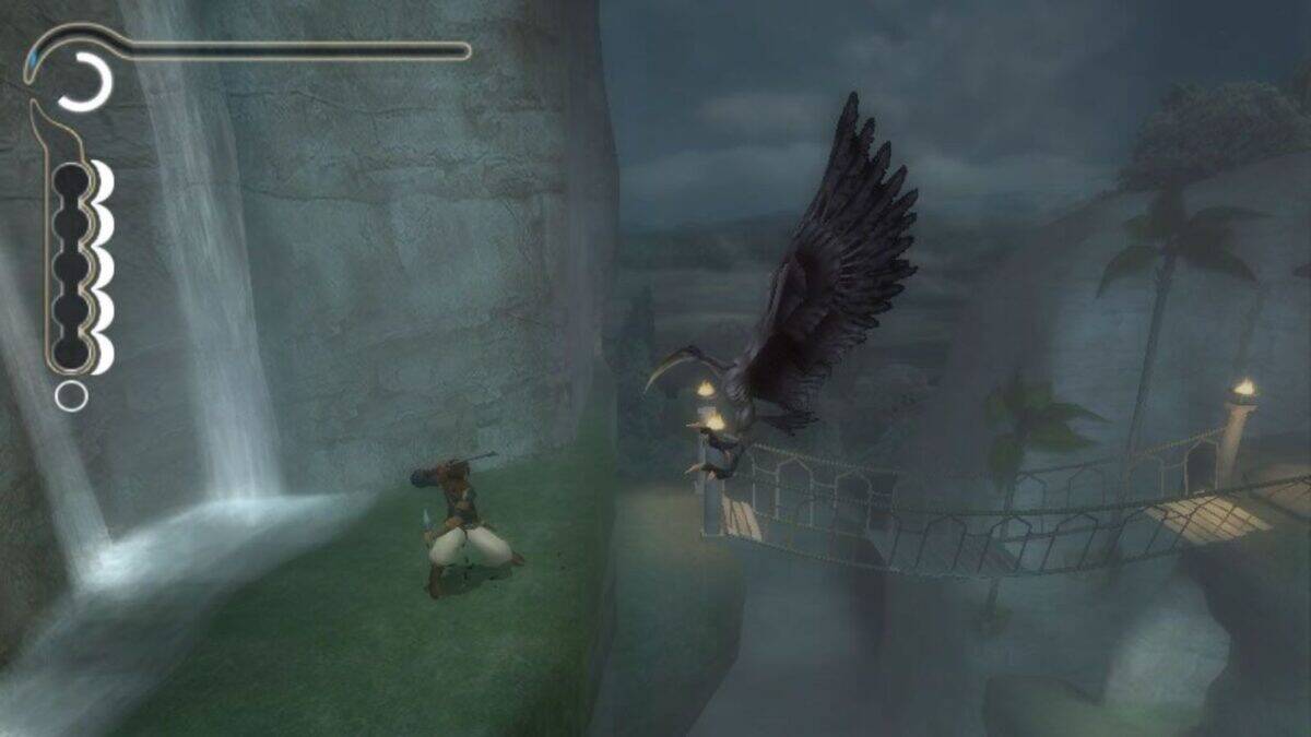 A video game scene shows a character fighting a large winged creature near a waterfall and a rope bridge suspended over a gorge.