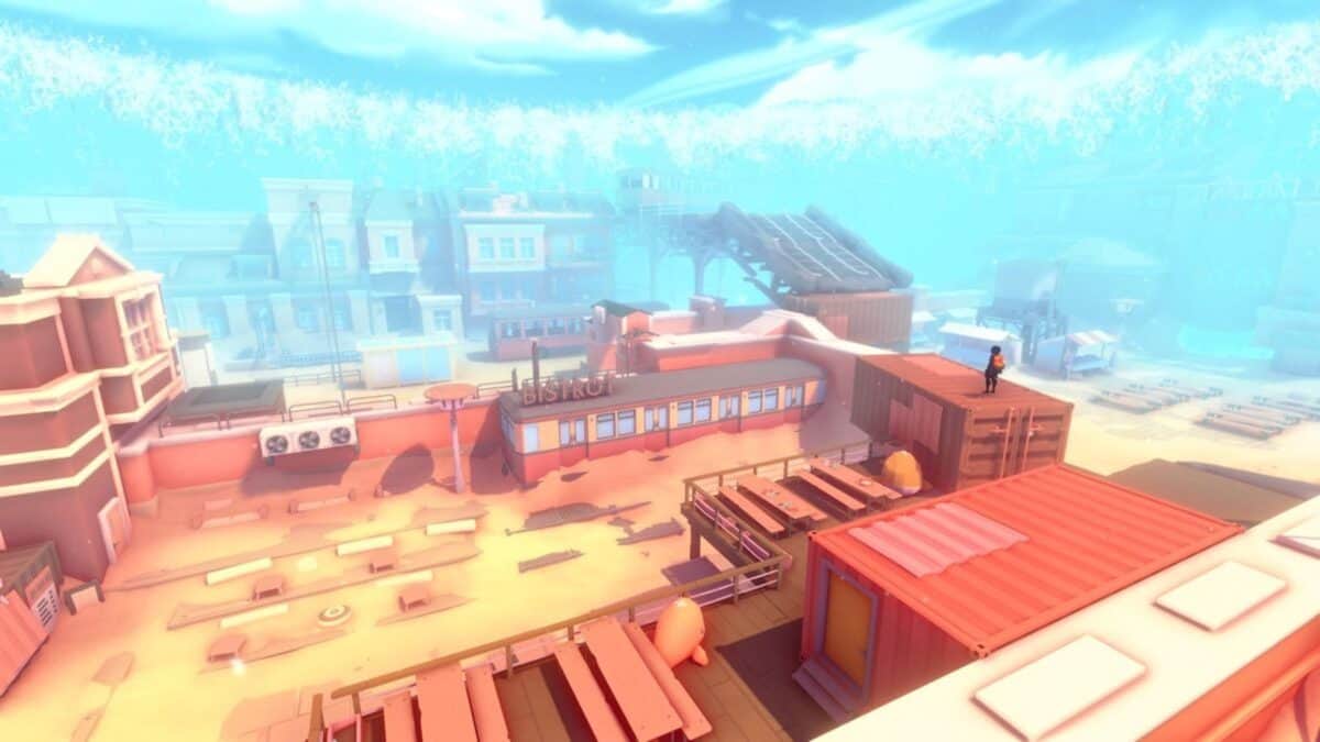A stylized, sunlit train yard with scattered cargo, buildings in the background, and a lone figure standing on a shipping container.
