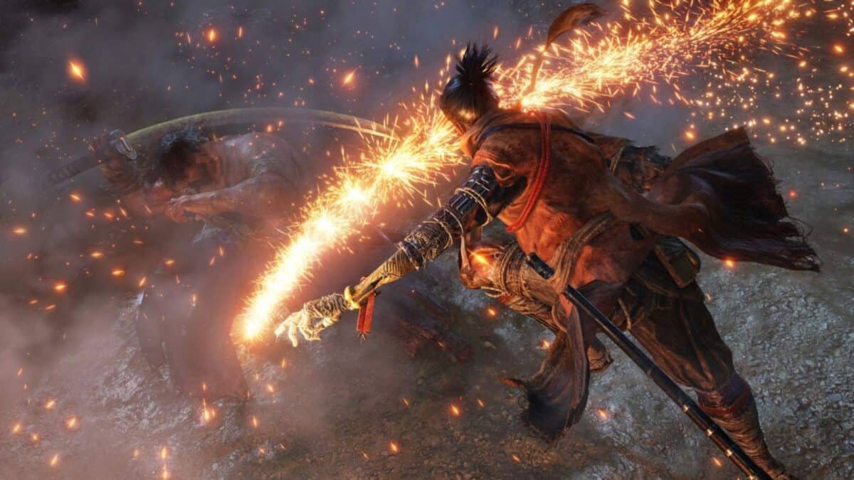 A warrior in tattered clothing swings a glowing, fire-sparked sword at an armored opponent who is blocking with their weapon in a dramatic action scene.