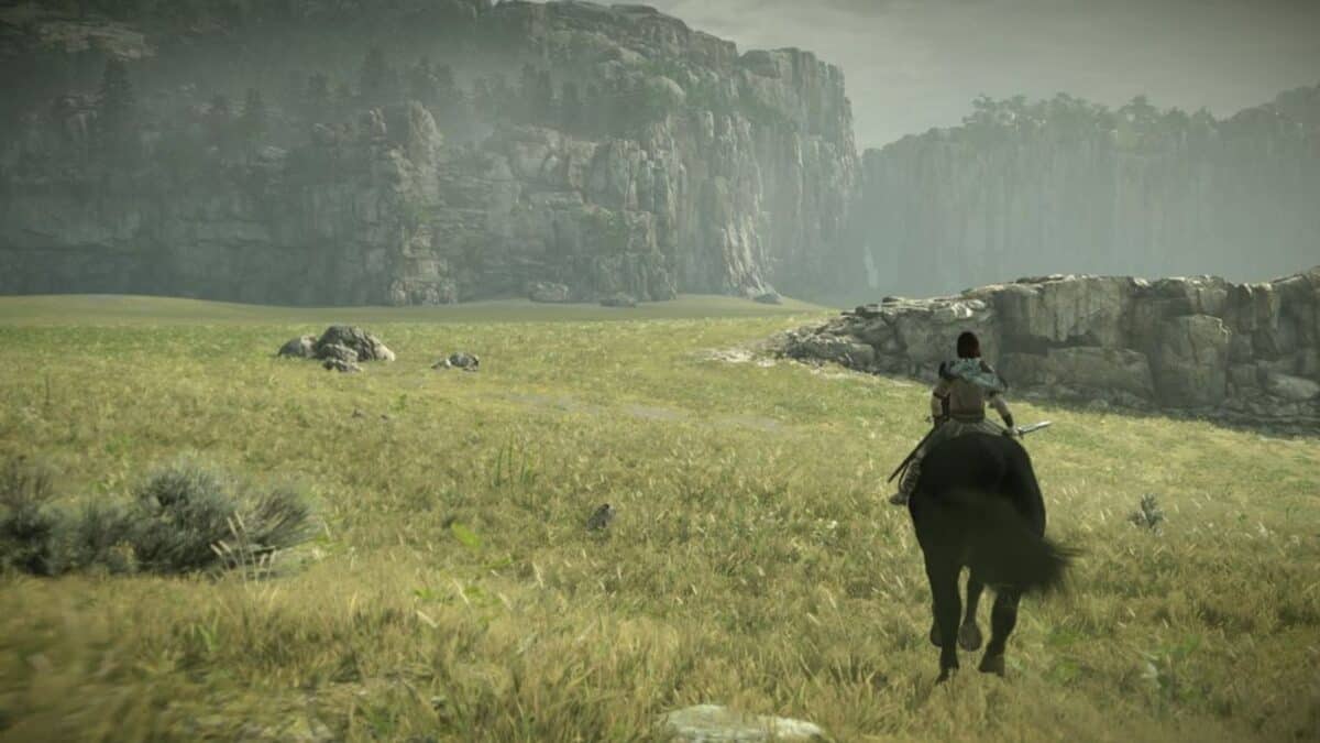 A person riding a black horse across a grassy plain with rocky cliffs and a misty sky in the background.