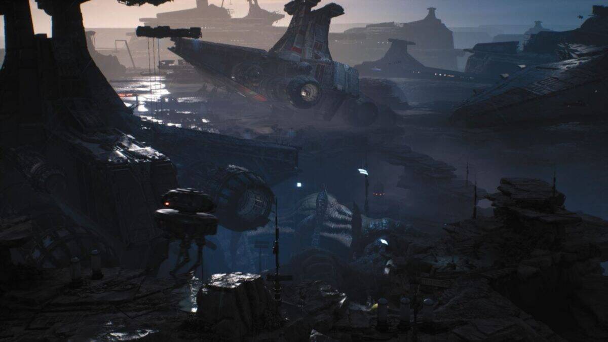 A dark, foggy scrapyard filled with large, dilapidated spaceships and scattered debris under dim lighting.