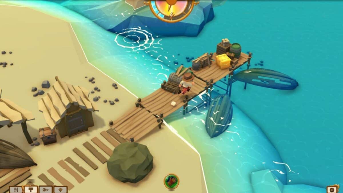 A wooden pier extends from a sandy shore into blue water, with crates, barrels, and supplies stacked near the end; a person stands on the pier, and a small boat floats nearby.