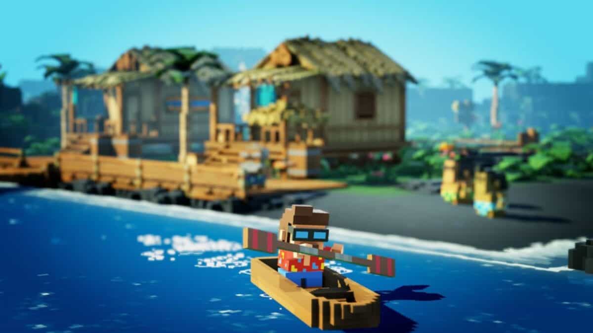 A blocky, pixel-art style character rows a small boat on blue water near a wooden hut, with tropical greenery and other characters in the background.