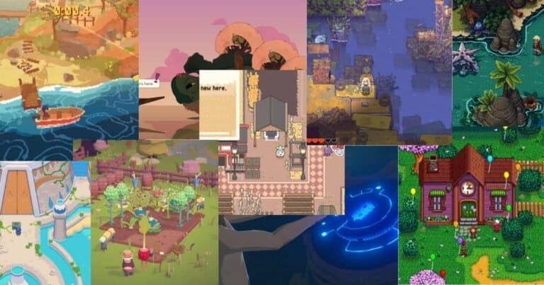 A collage of colorful pixel art scenes from various video games, depicting environments like farms, islands, forests, houses, and mystical locations.