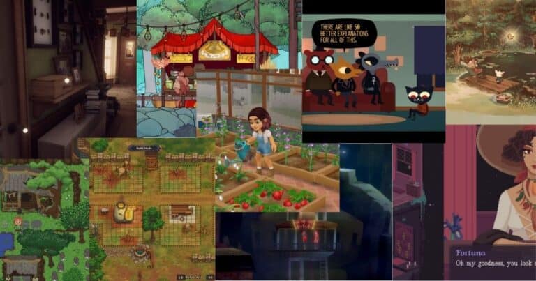 A collage of various cozy video game scenes, including farming, gardening, markets, and characters in colorful environments.