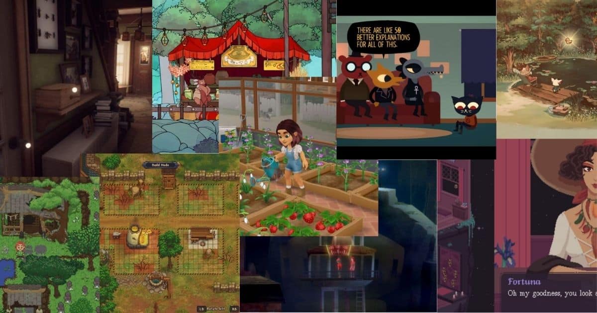 A collage of various cozy video game scenes, including farming, gardening, markets, and characters in colorful environments.