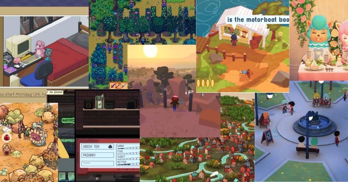 A collage of colorful, pixel-art and cartoon-style video game scenes, featuring characters, landscapes, text, and various in-game environments.