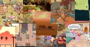 Collage of cozy video game scenes featuring animals, pastel houses, autumn trees, village settings, and characters performing daily life activities.
