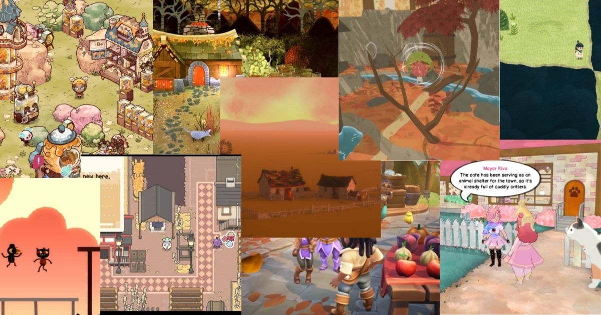 Collage of cozy video game scenes featuring animals, pastel houses, autumn trees, village settings, and characters performing daily life activities.