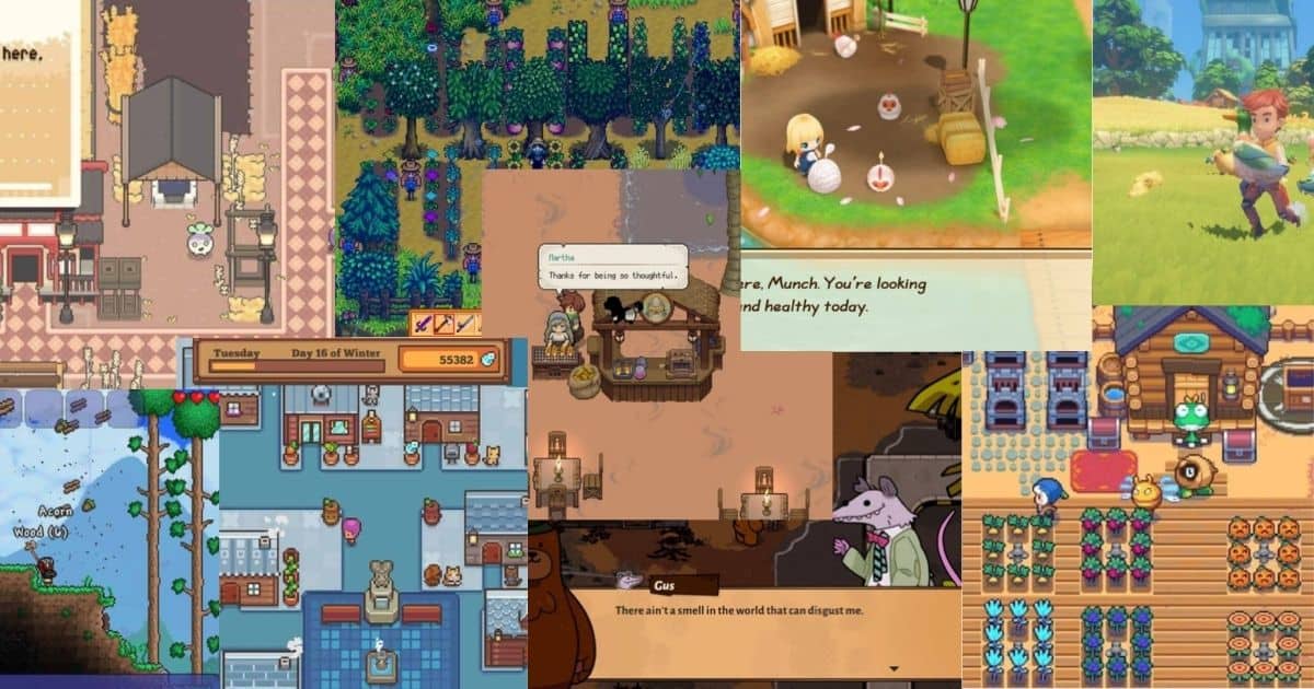 A collage of scenes from various farming simulation video games showing characters, animals, crops, and interior farm setups.