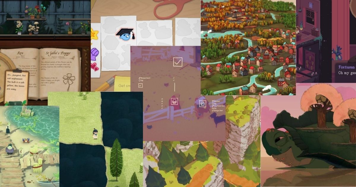 A collage of various video game screenshots featuring colorful landscapes, characters, maps, text boxes, and illustrated scenery in different art styles.