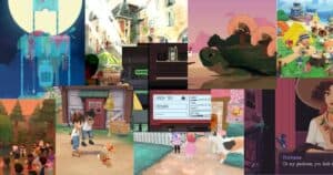 Collage of various colorful scenes from different video games, featuring characters, animals, buildings, and landscapes in a cartoon art style.