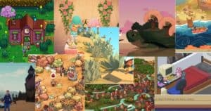 Collage of colorful scenes from various cozy video games, including houses, characters, landscapes, and indoor settings with warm, inviting atmospheres.