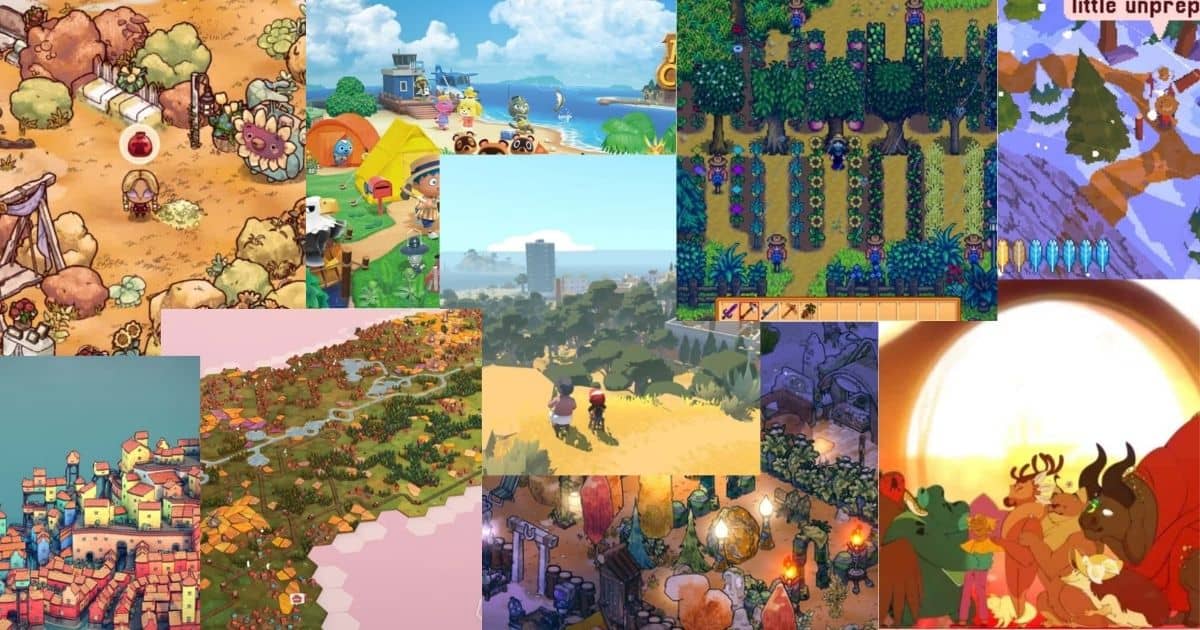 A collage of colorful video game scenes featuring various landscapes, characters, and settings, including forests, villages, beaches, and fantasy environments.