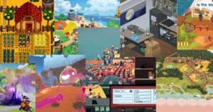 A collage of various colorful video game scenes, including farms, towns, kitchens, beaches, and fantasy landscapes, displayed in a grid format.