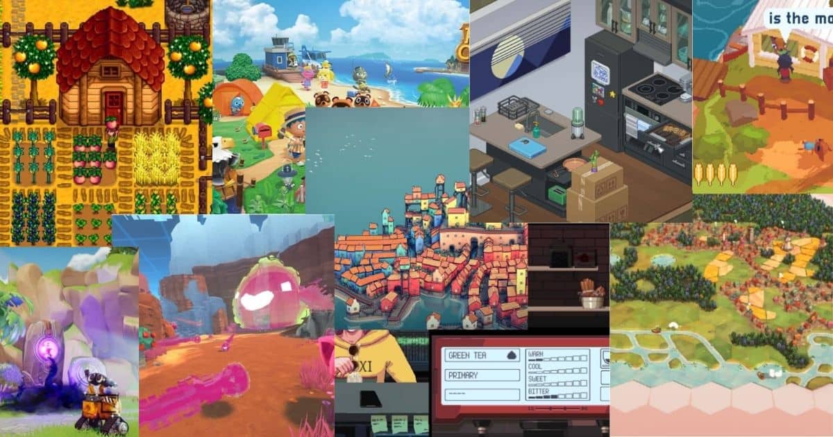 A collage of various colorful video game scenes, including farms, towns, kitchens, beaches, and fantasy landscapes, displayed in a grid format.