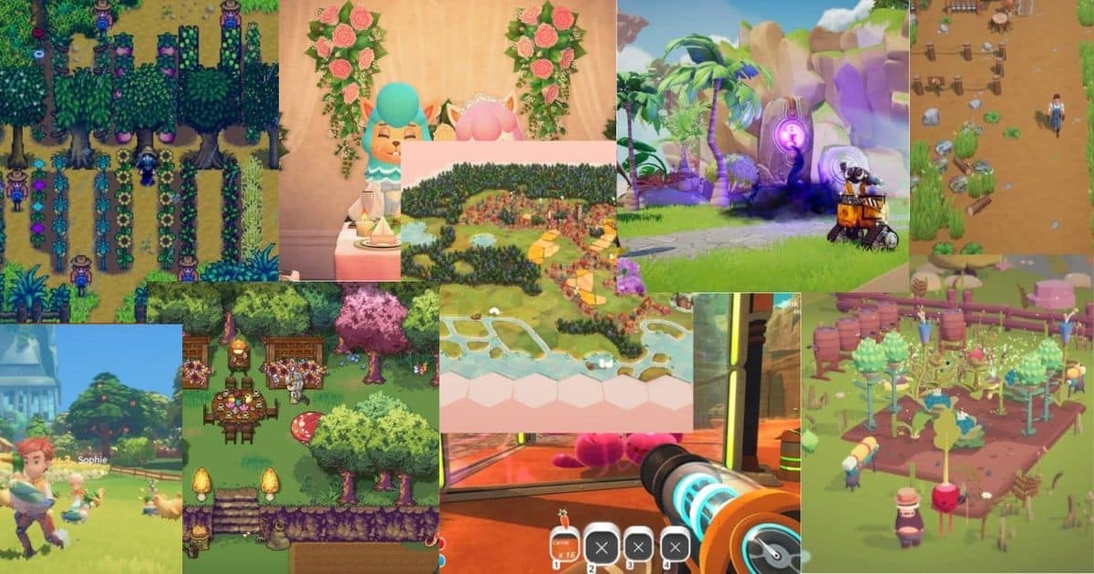 A collage of various farming and life simulation video games, showing characters, crops, gardens, and colorful environments from different games.