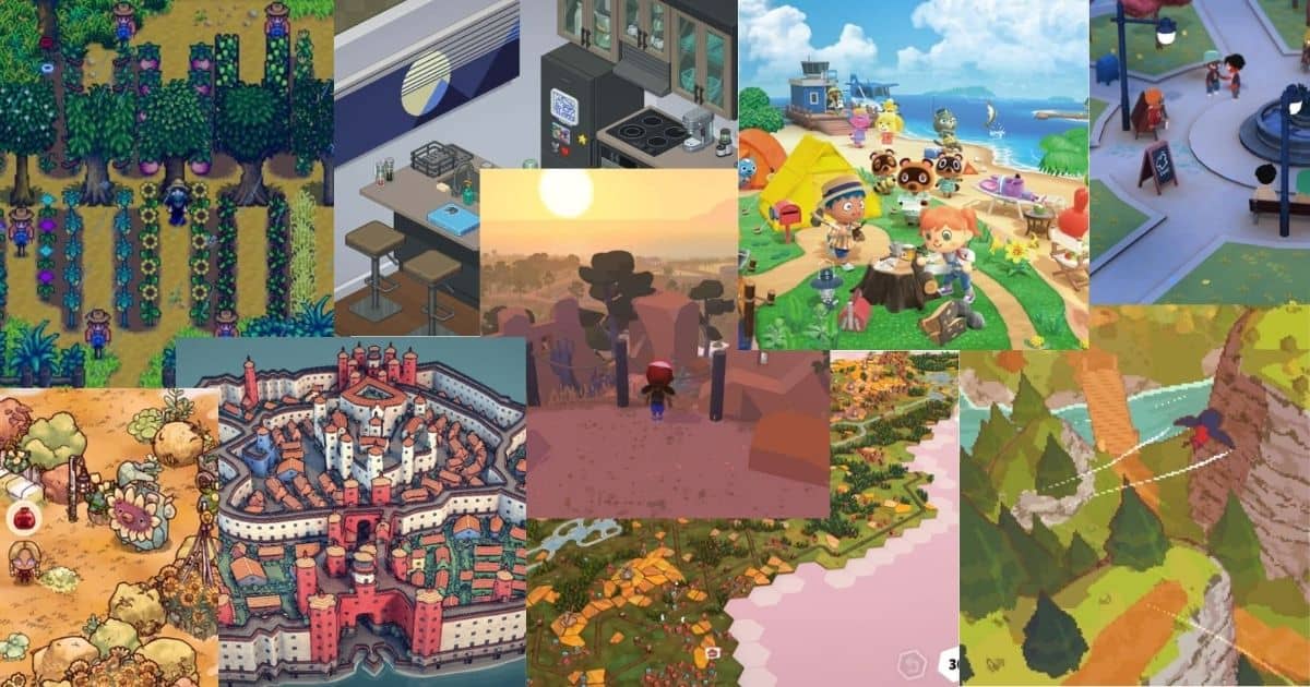 A collage of various video game scenes featuring farming, cityscapes, nature, characters, and islands in colorful, stylized graphics.