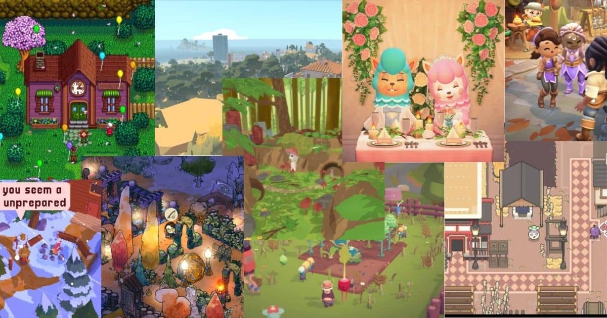 A collage of colorful, animated scenes from various cozy video games, featuring houses, characters, gardens, parties, animals, and landscapes in different art styles.