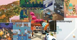 A collage of colorful video game screenshots, featuring landscapes, game menus, kitchen scenes, animated characters, and city-building interfaces.