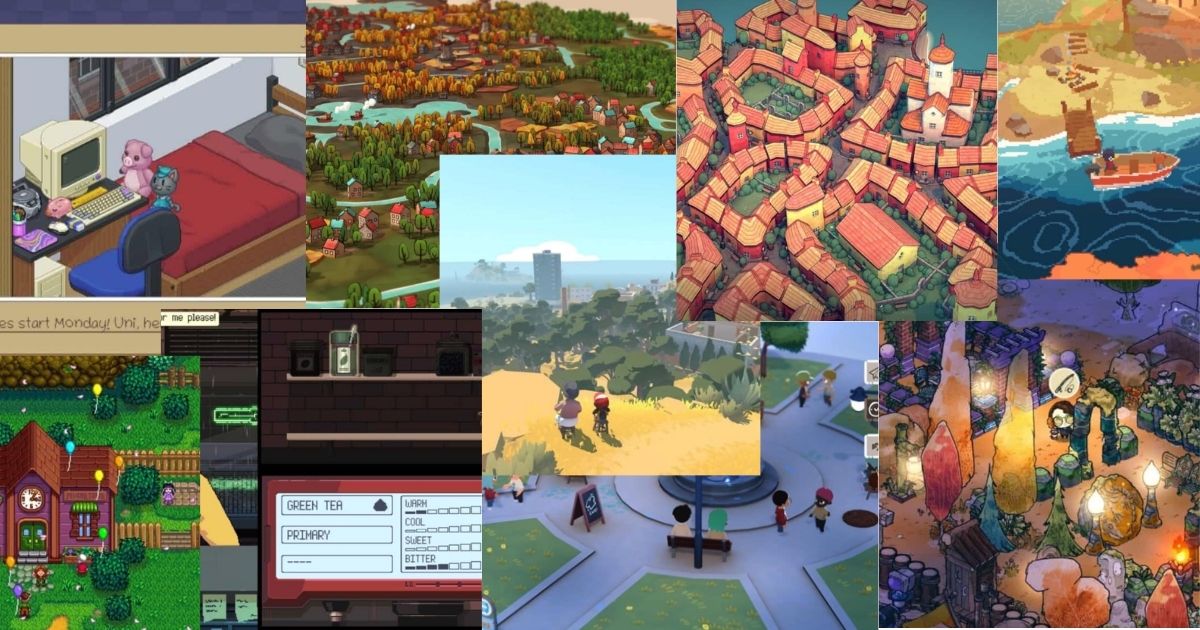 A collage of various colorful video game scenes, including pixel art towns, landscapes, a bedroom, a farm, and fantasy settings.