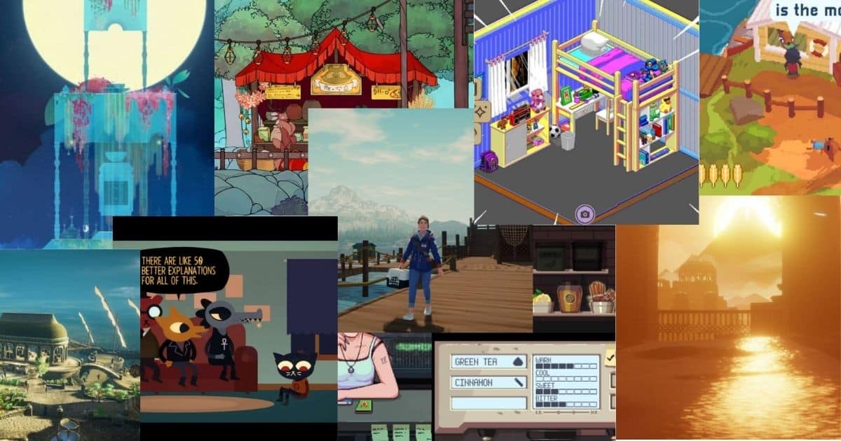 A collage of various colorful video game scenes, featuring characters, buildings, interiors, and landscapes in different art styles.