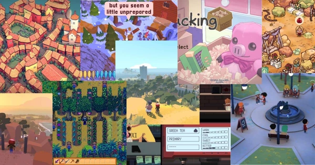 A collage of various cozy video game screenshots, featuring farming scenes, town landscapes, colorful characters, and inventory menus.
