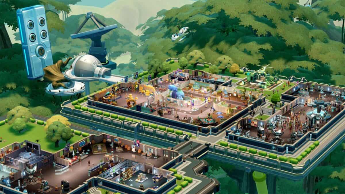 Colorful isometric view of a futuristic, elevated building complex with various themed rooms, surrounded by trees and floating technology, resembling a scene from a simulation video game.