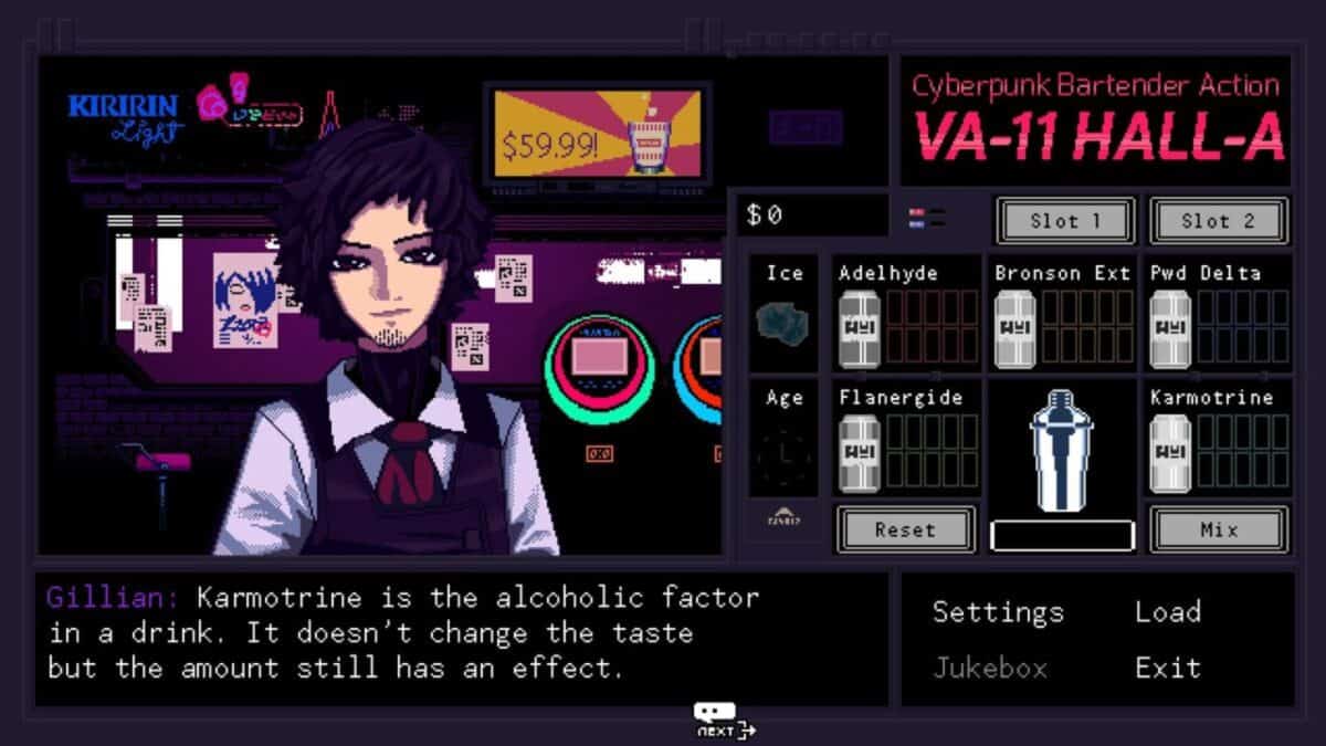 Screenshot from the game VA-11 Hall-A showing bartender Gillian at the bar, drink mixing interface, and text explaining Karmotrine’s effect in drinks.