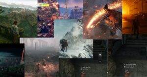 A collage of various video game scenes, including characters in landscapes, combat, and atmospheric environments, along with on-screen game HUD elements.