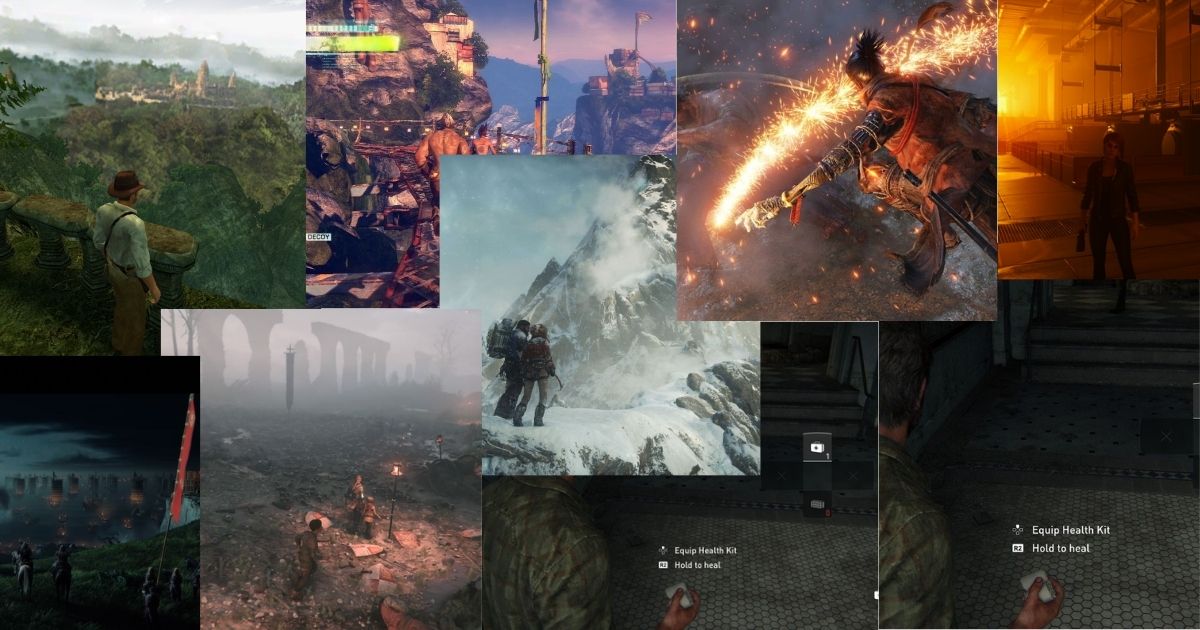 A collage of various video game scenes, including characters in landscapes, combat, and atmospheric environments, along with on-screen game HUD elements.
