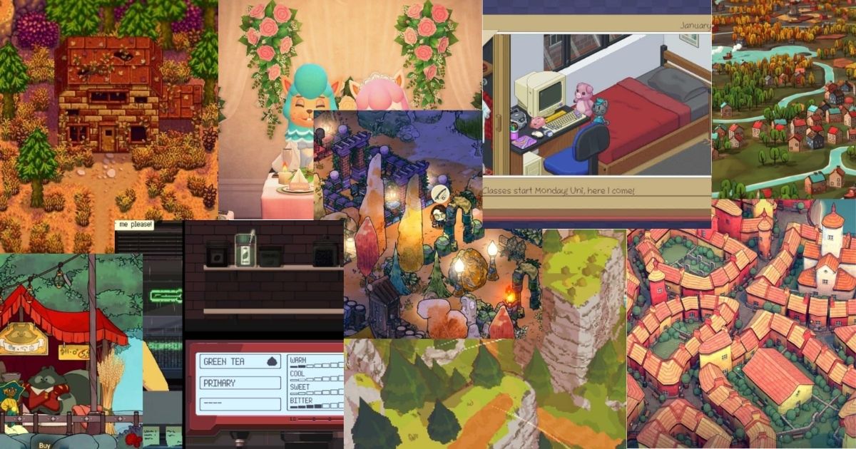 A collage of various cozy video game scenes, including pixel art houses, village landscapes, characters interacting, and colorful market and nature settings.