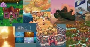 A collage of colorful video game landscapes and scenes, including houses, forests, seaside, underwater, and city maps, presented in various art styles.