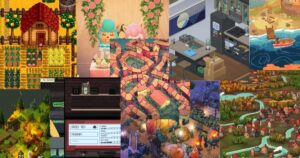 A collage of various cozy video game scenes, including farms, kitchens, towns, and interiors with warm lighting and colorful, detailed pixel art.