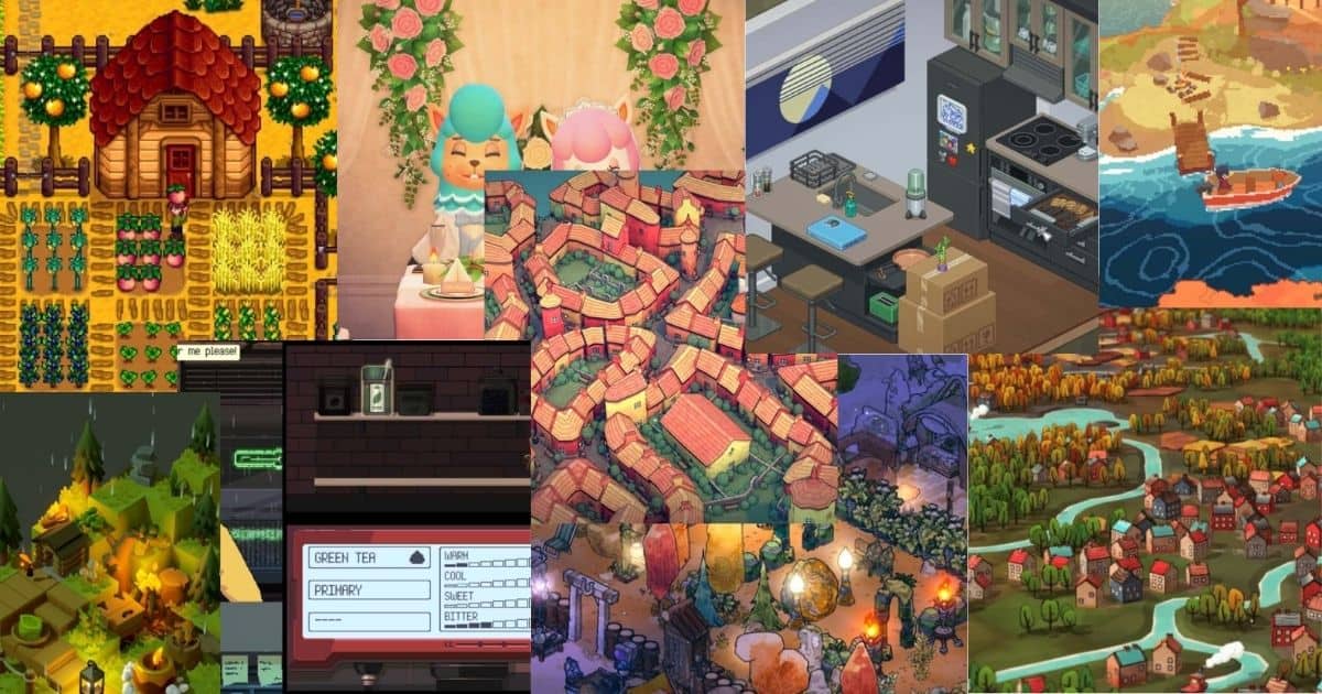 A collage of various cozy video game scenes, including farms, kitchens, towns, and interiors with warm lighting and colorful, detailed pixel art.