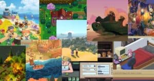 A collage of colorful video game scenes featuring pixel art, cozy interiors, outdoor landscapes, and various characters in different environments.