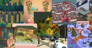 A collage of colorful video game scenes, including pixel art farms, city maps, characters, office spaces, and stylized outdoor environments in various art styles.