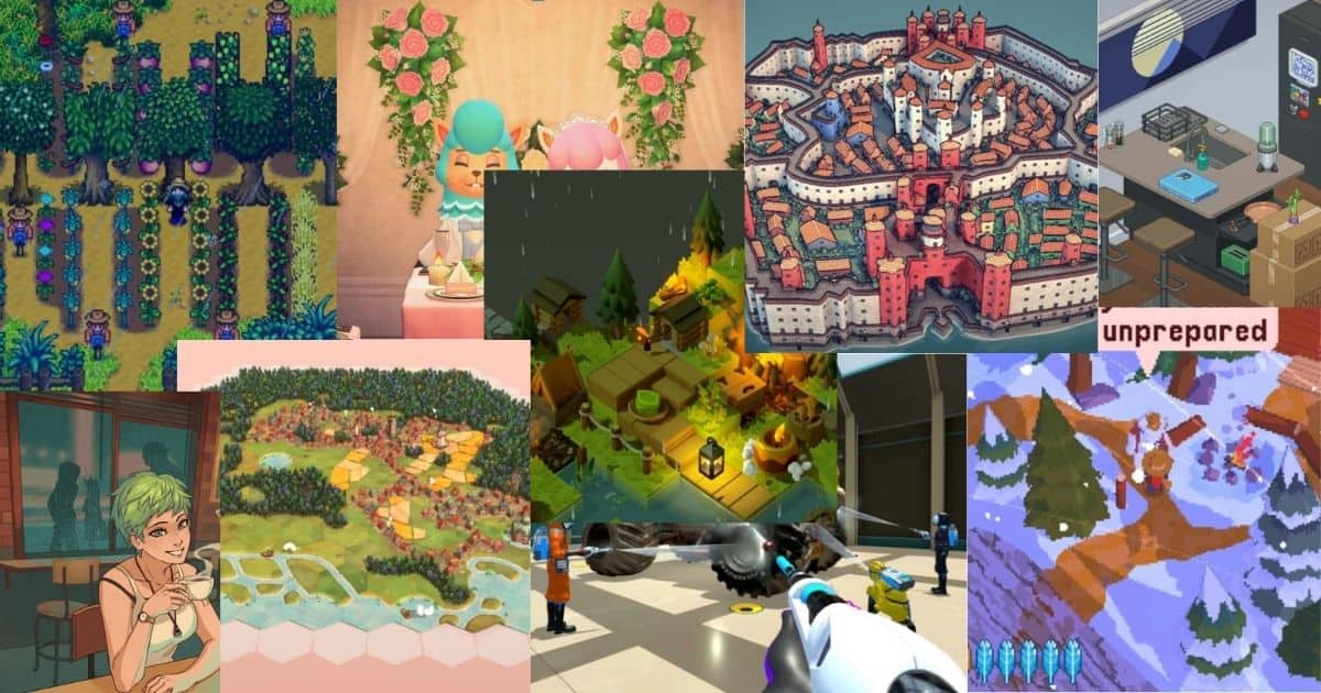 A collage of colorful video game scenes, including pixel art farms, city maps, characters, office spaces, and stylized outdoor environments in various art styles.