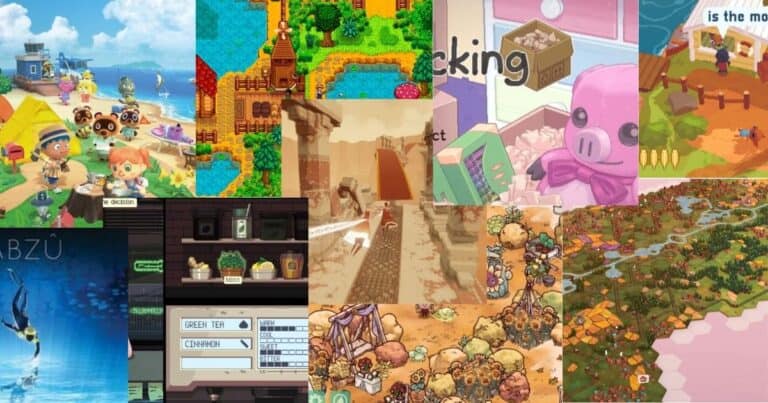 A collage of screenshots from various colorful and stylized indie video games, featuring diverse environments, characters, and interface elements.