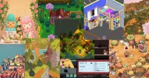 A collage of colorful scenes from various cozy video games, including pixel art houses, animated characters, interior rooms, landscapes, and menus.