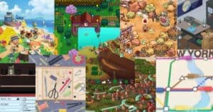Collage of various video game scenes, including outdoor landscapes, a workshop, a map, and an office, each with distinct colorful and cartoonish art styles.