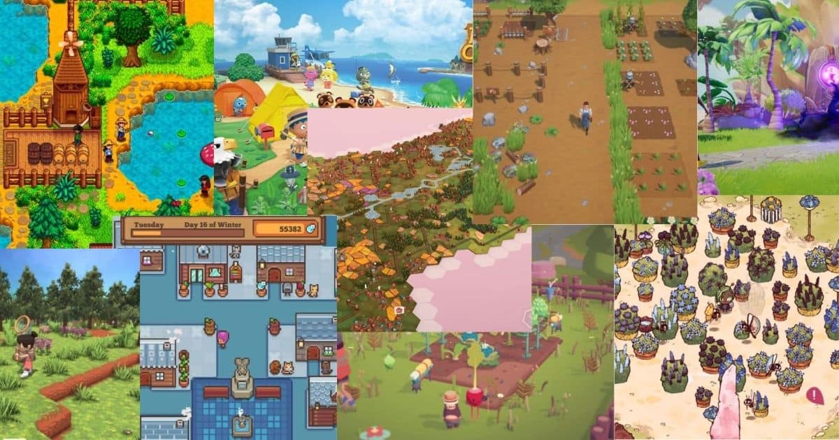 A collage of colorful farming and simulation game scenes, featuring characters, crops, animals, buildings, and various landscapes from top-down and isometric perspectives.