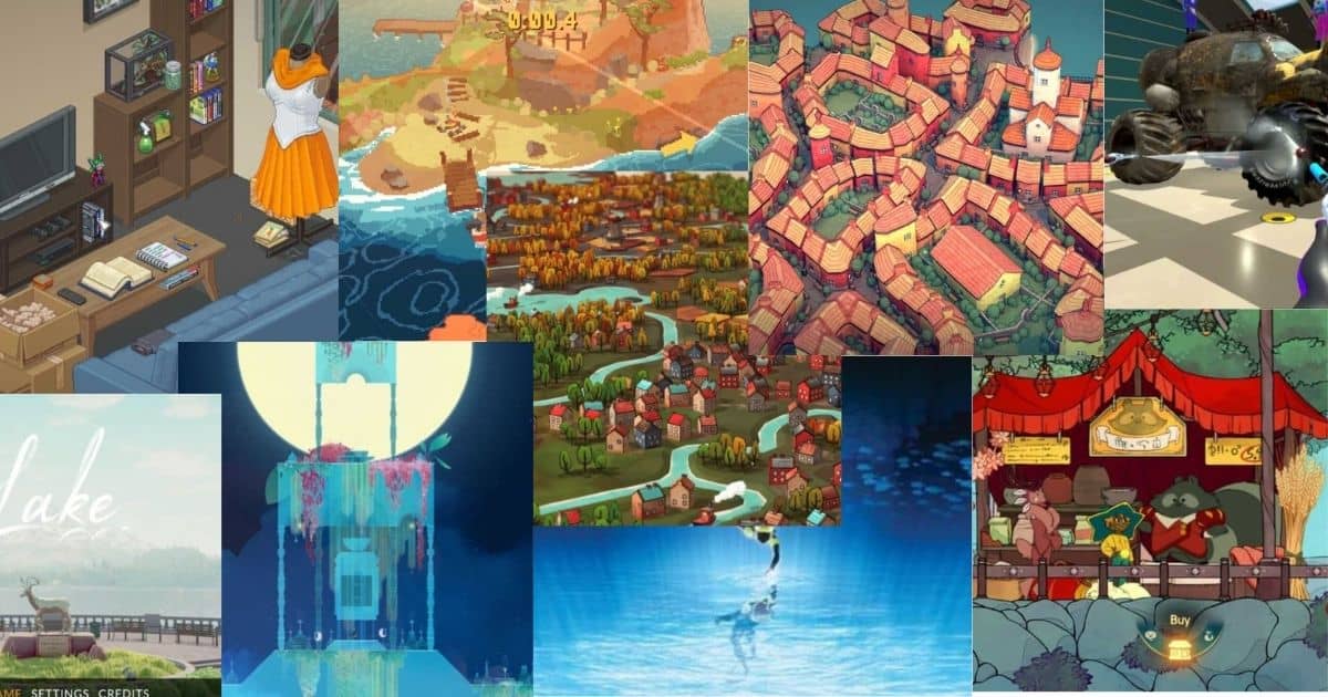 A collage of colorful illustrations from various video games, featuring landscapes, towns, animals, and characters in different art styles.