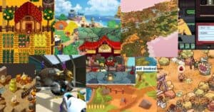 A collage of various video game scenes featuring colorful landscapes, buildings, animals, and characters in cartoon and pixel art styles.